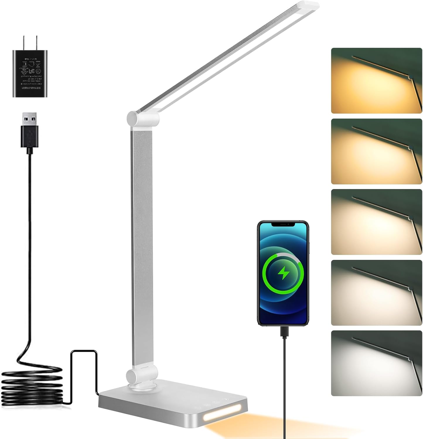 Dott Arts LED Desk Lamp with USB Ports, Touch Control, 5 Color Modes, 3 Brightness Levels, Foldable Design, White