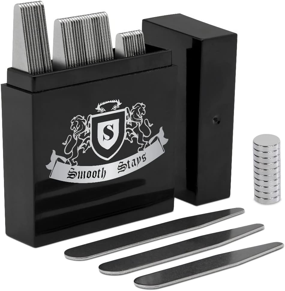 44 Durable Magnetic Stainless Steel Collar Stiffeners with 10 Collar Stays Magnets โ 3 Sizes in a Divided Box