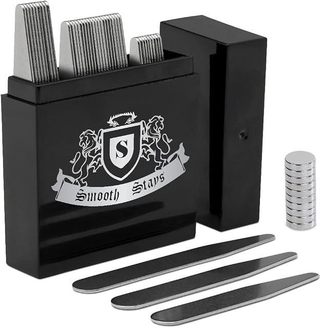 Metal Collar Stiffeners- Set of 44 Magnetic Collar Stiffeners in a Divided Box (5.6cm, 6.35cm and 6.9cm) with 20 Collar Stays Magnets