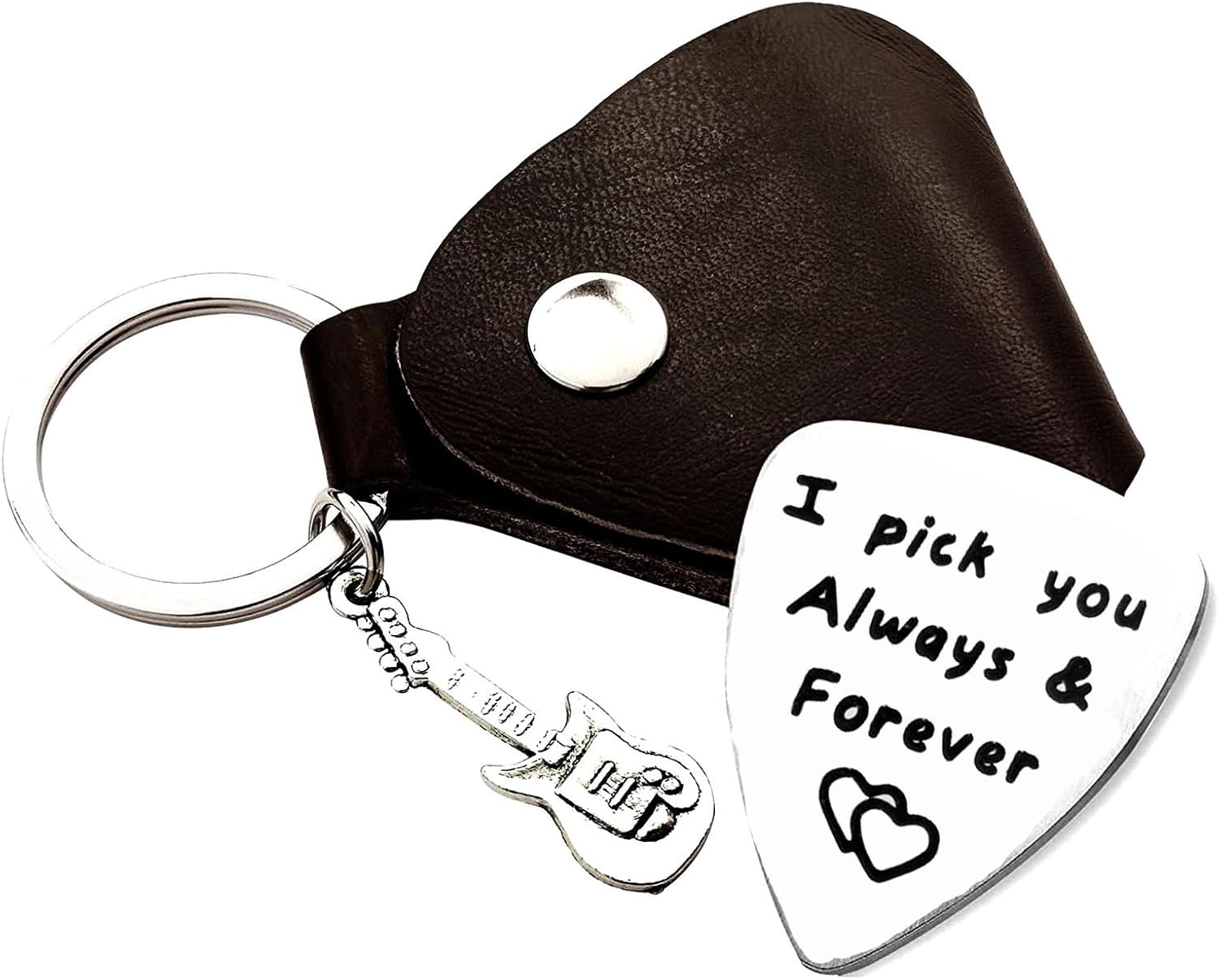 1pc Stainless Steel Guitar Pick Black PU Leather Keychain I Pick You Always And Forever Festivals Anniversary Birthday Gift For Guitar Music Lovers Guitar Accessories