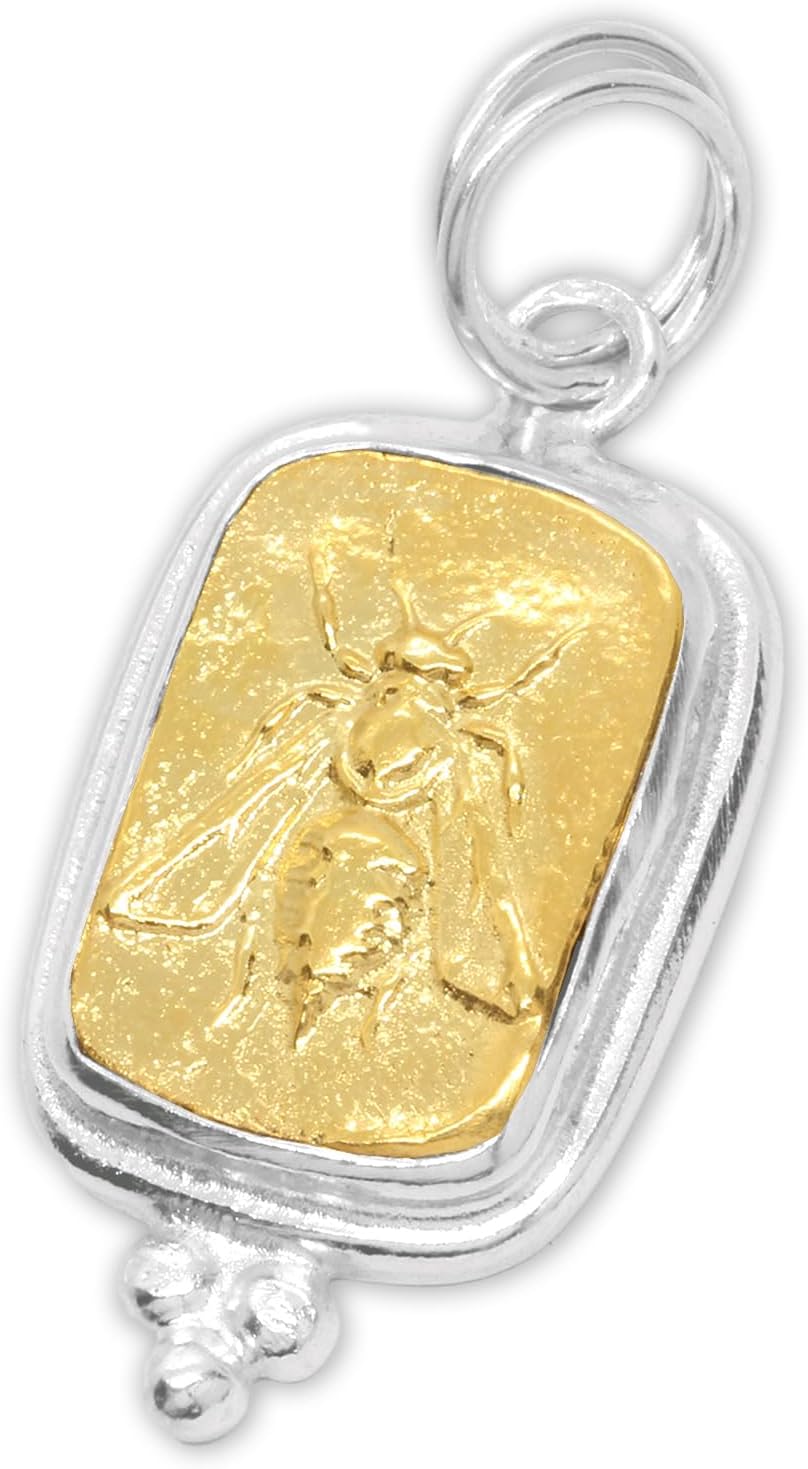Caprixus 925 Sterling Silver Pendant Ancient Ephesus Honey Bee Coin 24K Yellow Gold Vermeil Handmade Granulated Designer Greek Art Artisan Turkish Fine Jewelry