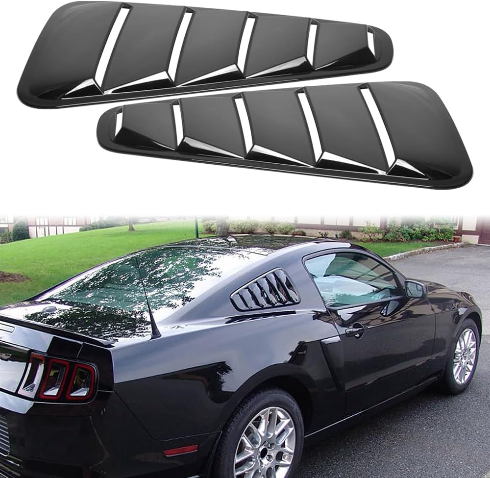 Side Window Louvers, Compatible with 2005-2009 Ford Mustang V6 Coupe, ABS Plastic Gloss Black OEM Style Air Vent Scoop Shade Cover Blinds, 2PCS