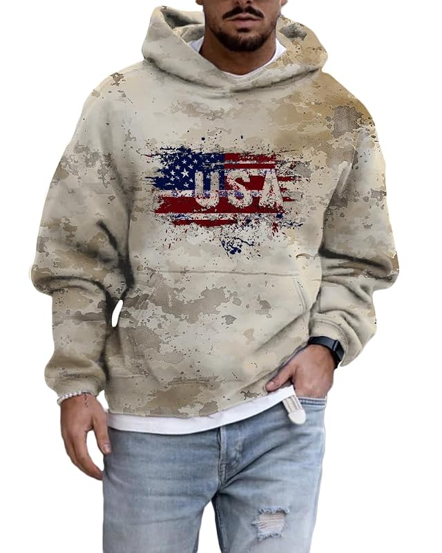 ZOCAVIA Western USA Flag Camouflage Hoodies for Men Fall Graphic Hooded Sweatshirts Vintage Cowboy Pullover Tops with Pocket