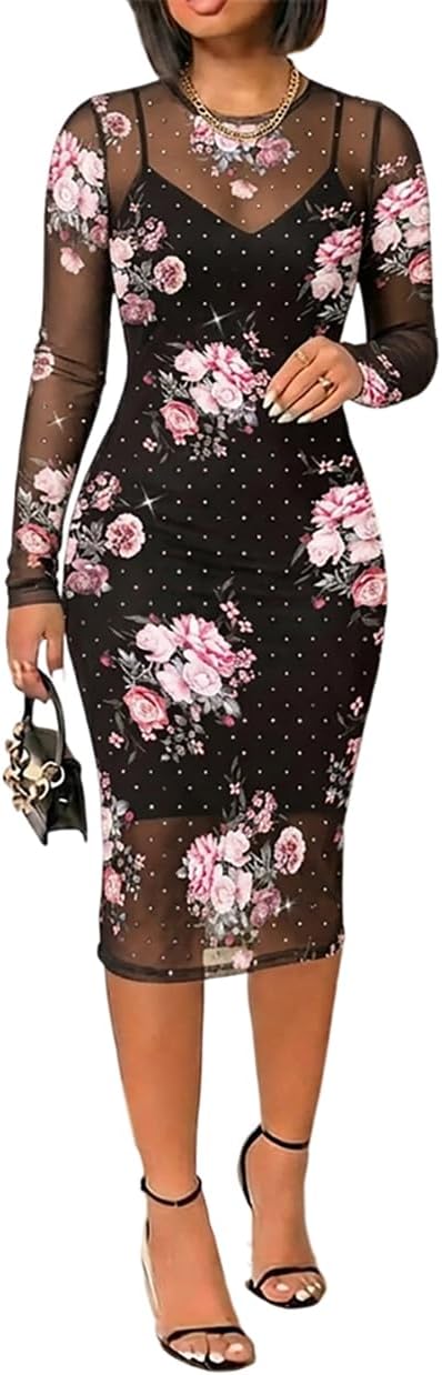 CHICME Women's Leopard Print Mesh 2 Piece Dress Set 2026 Rhinestone Sheer Bodycon Midi Dress with Liner for Party Night Out