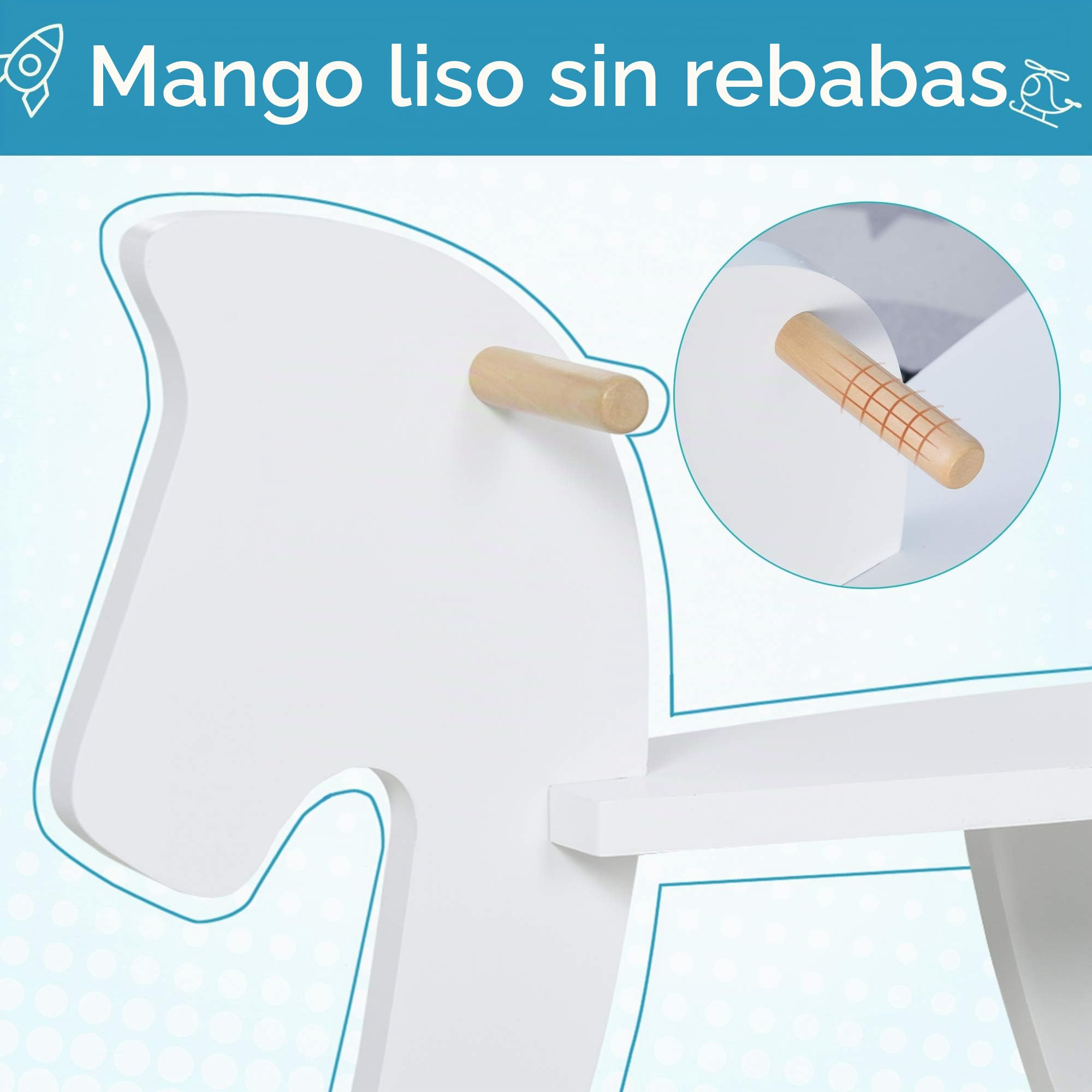 HOMCOM Caballo mecedor de Madera – Juego de Palanca con Asas, reposapiés y topes – MDF contrachapado Blanco y Madera Natural