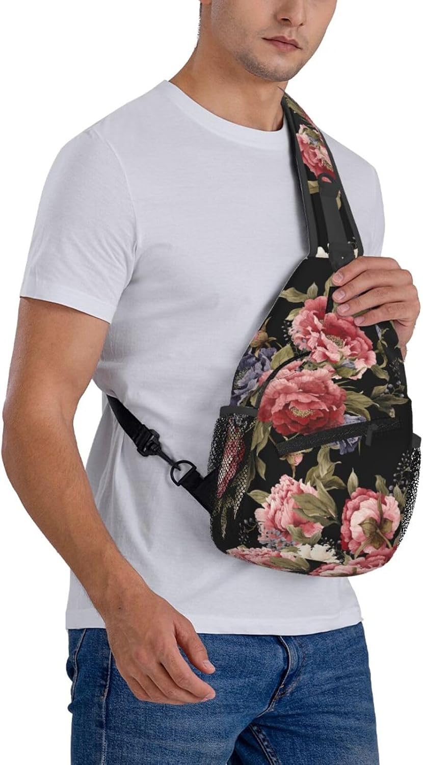 Dark Vintage Floral Pattern Sling Bag for Women Men Watercolor Peonies and Delphinium Crossbody Backpack Cute Spring Flower Print Sling Backpack Casual Shoulder Bag Travel Hiking Daypack