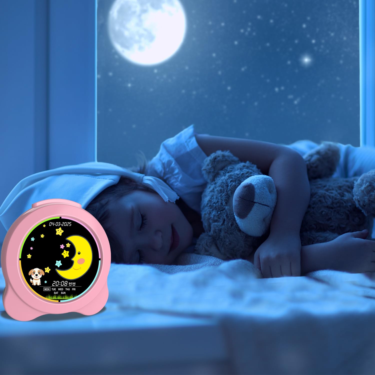 Kinderwecker Sonne & Mond LED-Anzeige mit Tag & Datum OK to Wake Uhr mit Nachtlicht für Kinder Kinder Schlaftrainer Geschenk für Jungen und Mädchen (Rosa)