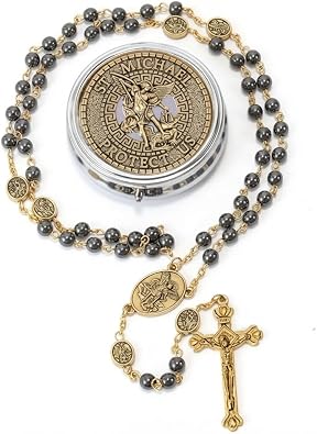 Nazareth Store St Michael Rosary Hematite Stone Beads Necklace Metal Beaded Glory Beads Archangel Medal & Cross with Metal Gift Box
