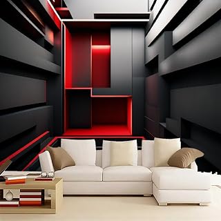Red, Black and Gray Splicing Wall Murals for Bedroom, Three Wallpaper Mural for Living Room, Dimensional Geometry Wallpaper for TV Background Wall Covering(Not Peel n' Stick)-40""H x 64""W