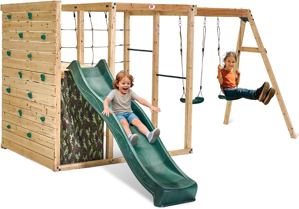 Plum Wooden Swing Sets for Backyard, Outdoor Toddler Slide, Playground Playsets, Monkey Bars, Jungle Gym, Swings, Rock Climbing Wall for Kids, Net, Trapeze, Metal Ladder, Weatherproof, Durable, Age 3+