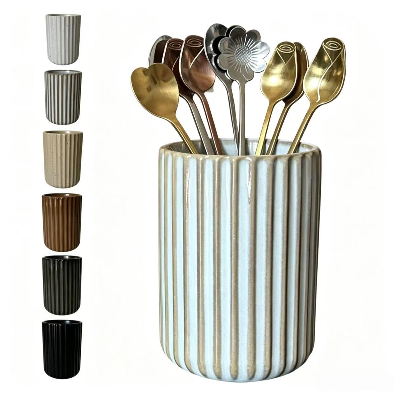 Stoneware Coffee Bar Utensil Holder Tea & Coffee Spoon & Stirrer Holder for Stir Stick Straw Teaspoon Holder Spoon Cup Small Utensil Jar Fluted Vertical Stripe (Retro White)