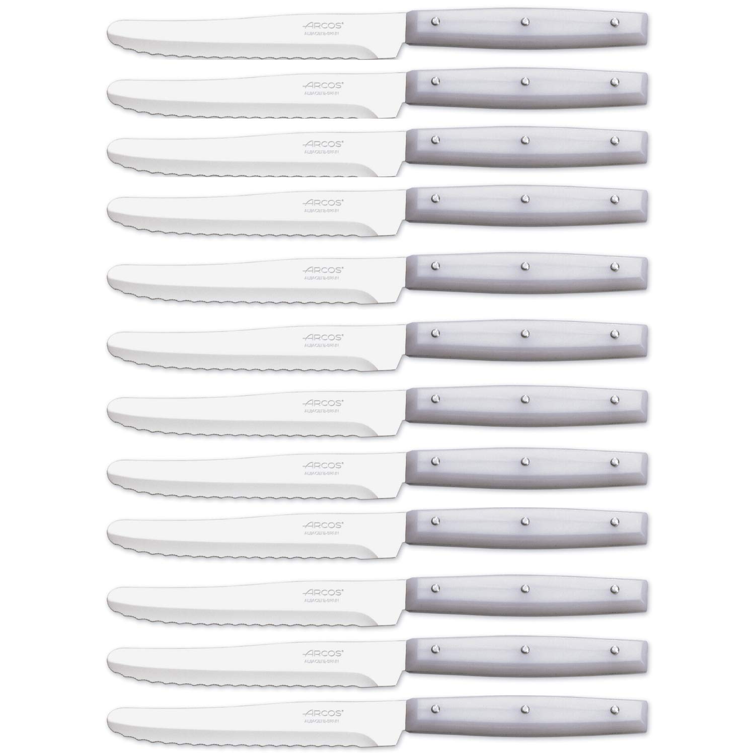 Arcos Serie Cuchillos de Mesa Caja 12 uds Cuchillo Postre, Hoja Serrada de Acero Inoxidable NITRUM de 110 mm, Mango de Nylon Color blanco (12 UDS)