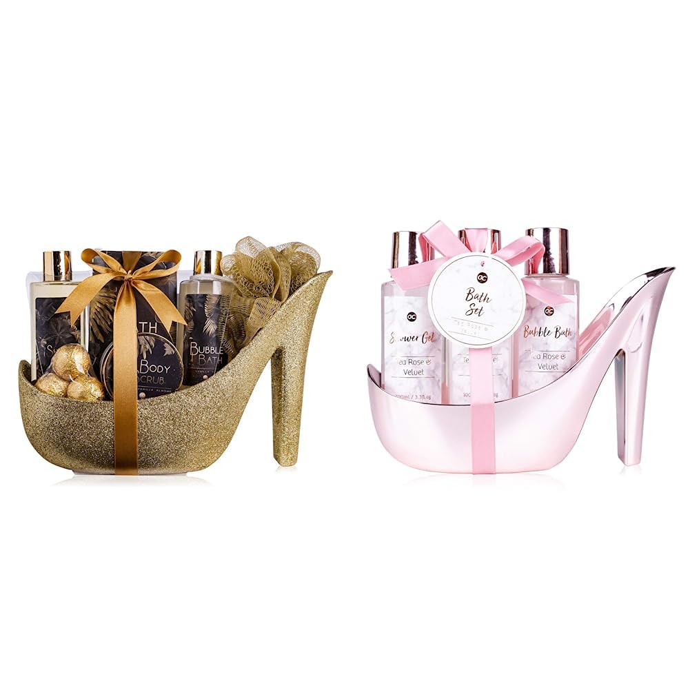 accentra Luxury Badeset Geschenkset in wunderschönem goldenem Glitzer Pumps, 9-teiliges Luxus Beautyset Pflegeset Duschset – für ein entspanntes SPA Erlebnis &