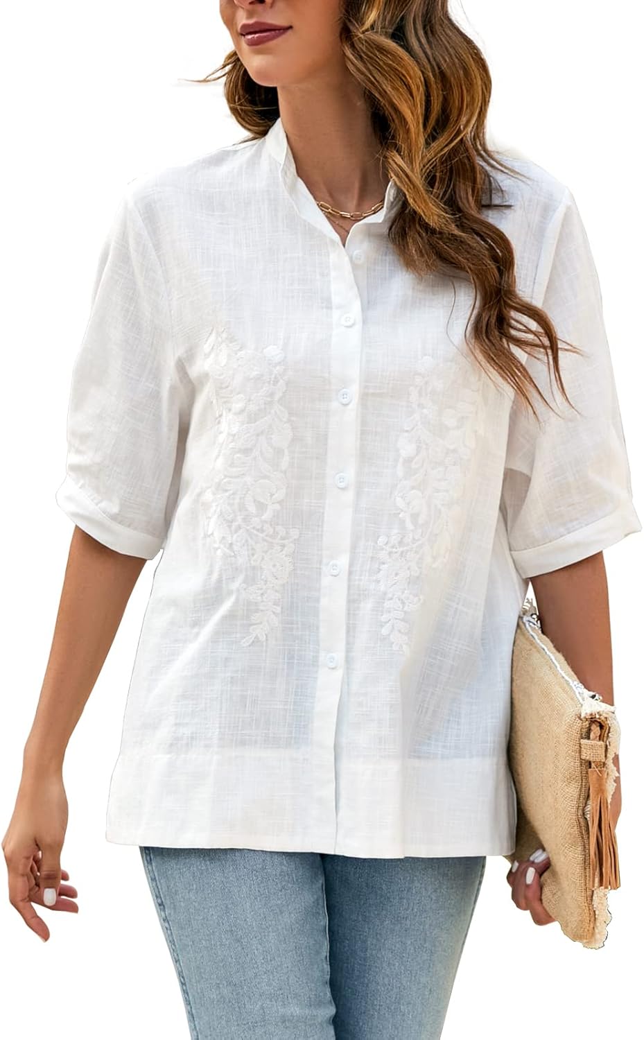 Summer Women’s Floral Emboridered Button Down Blouses Boho Cotton Short Sleeve Button Up Shirts for Women Casual Loose Tops