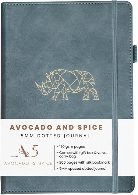Dotted Notebook A5 by Avocado and Spice® Dot Journal, Gift Box & Velvet Bag - Hardback A5 Dotted Journal - Bullet Dots for Journaling - Bookmark, Elastic Strap, Pen Holder, 200 Pages (Grey, Dotted)