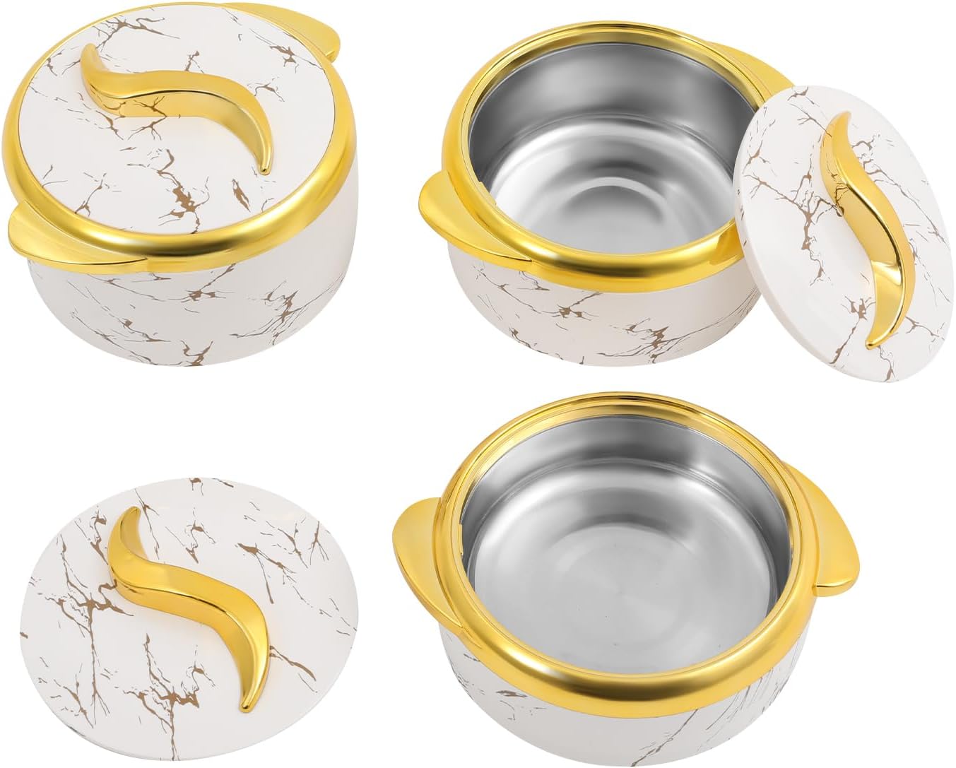 3 Piece Thermal Dish Set, Stainless Steel Insulated Containers with Lids for Hot & Cold Food, Serving Bowl for Lunch, Picnics, Parties, Meal Prep (1.6/2.12/2.64 Qt) (White)