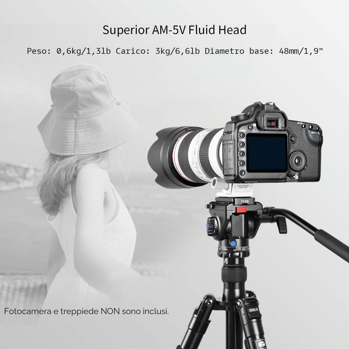 Testina video fluida SIRUI con piastra a sgancio rapido Carico massimo 3 kg 360 gradi Compatibile Arca Swiss (AM-5V)