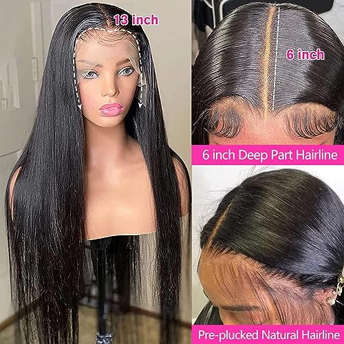 Image of tobasew 13x6 Straight Lace Front Wigs Human Hair 200 Density HD Transparent Lace Frontal Human Hair Wigs for Women Glueless Wig Pre Plucked 28 Inch
