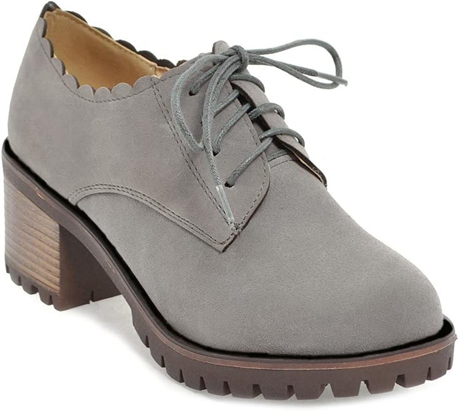 MIOKE Women's Casual Platform Lace Up Pump Oxfords Round Toe Suede Chunky High Heel Vintage Dress Shoes