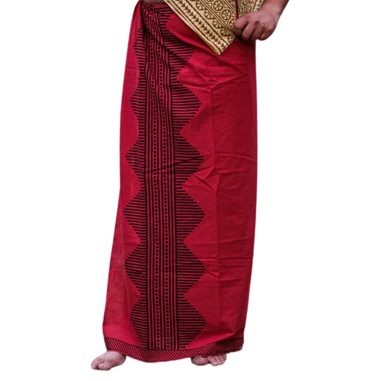 CRYSTAL HEAL Anviksha Men’s Dhoti in Red | Block Printed Border Cotton Dhoti with Bohemian Hippie Vibes | Traditional Ethnic Wear for Festive, Wedding, Casual, and Cultural Occasions