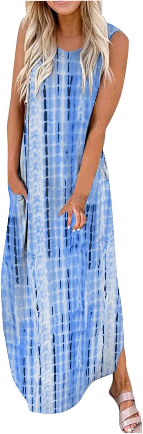 Vestidos hawaianos para mujer, casual, holgado, sin mangas, con abertura, vestido largo estampado de verano, playa, maxi vestido con bolsillos