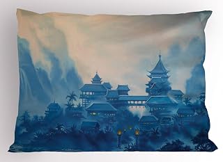 Ambesonne East Pillow Sham, Watercolor Painting Chinese Building Paint Mist at Night Oriental Image Illustration, Decorative Standard Size Printed Pillowcase, 26" X 20", Blue