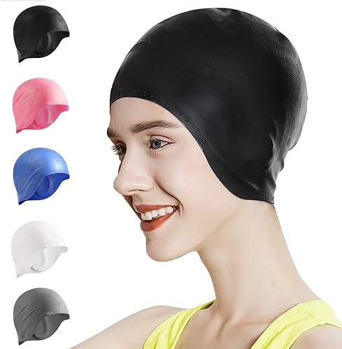 Okela Gorro de natación de silicona para mujeres y hombres, cómodo gorro de baño largo, con bordes reforzados, diseño a prueba de desgarros,