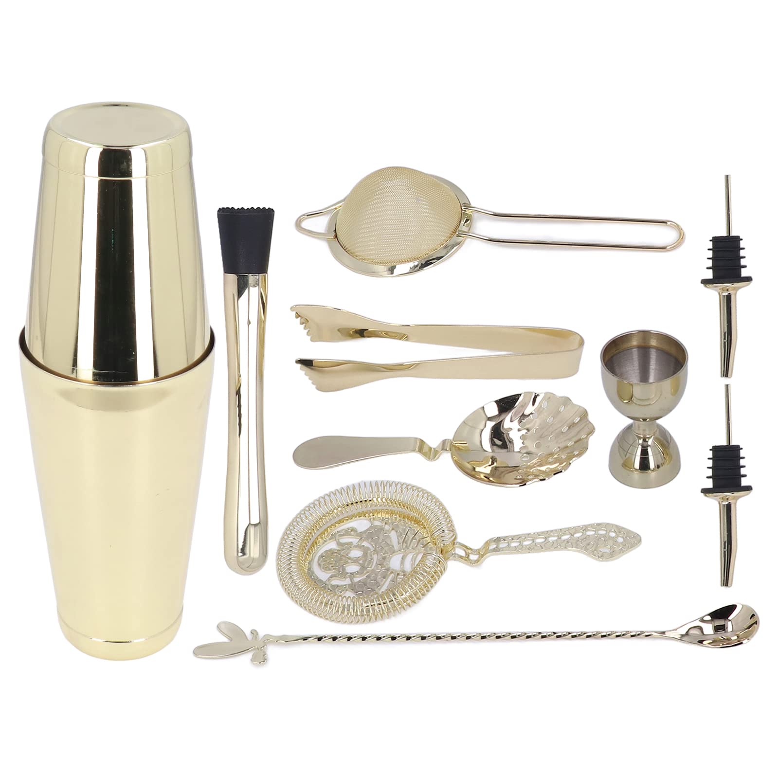 Naroote Juego de Coctelera, Herramientas de Mezcla de Acero Inoxidable para Bares Domésticos, Reuniones Familiares, 11 Piezas (GOLD)
