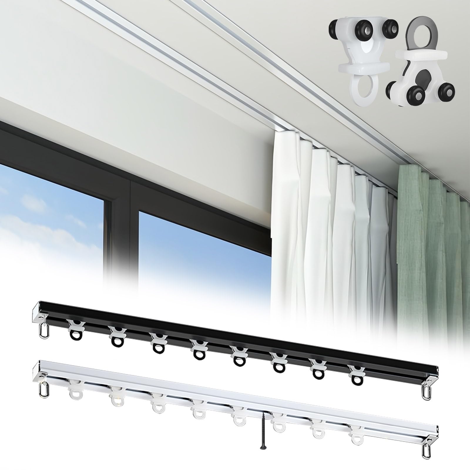 GLDYTVF Aluminum Ceiling Mount Track System for Curtains Recessed Hidden Rods with Rollers Ideal for Living Room & Bathroom White 1.6m/5.24FT (2 x 0.8m)