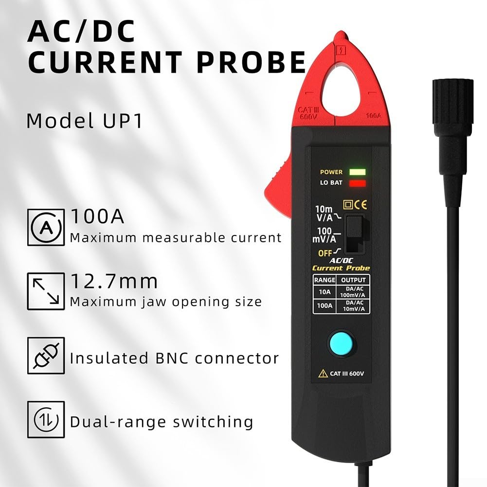 AC DC Strommesszange Smart Probe bis zu 100 A mit BNC-Stecker für Oszilloskop Elektriker Reparaturwerkzeug Berührungslose sichere Prüfung Dual Range Switching Wiederaufladbarer Typ-C-Anschluss Schwarz