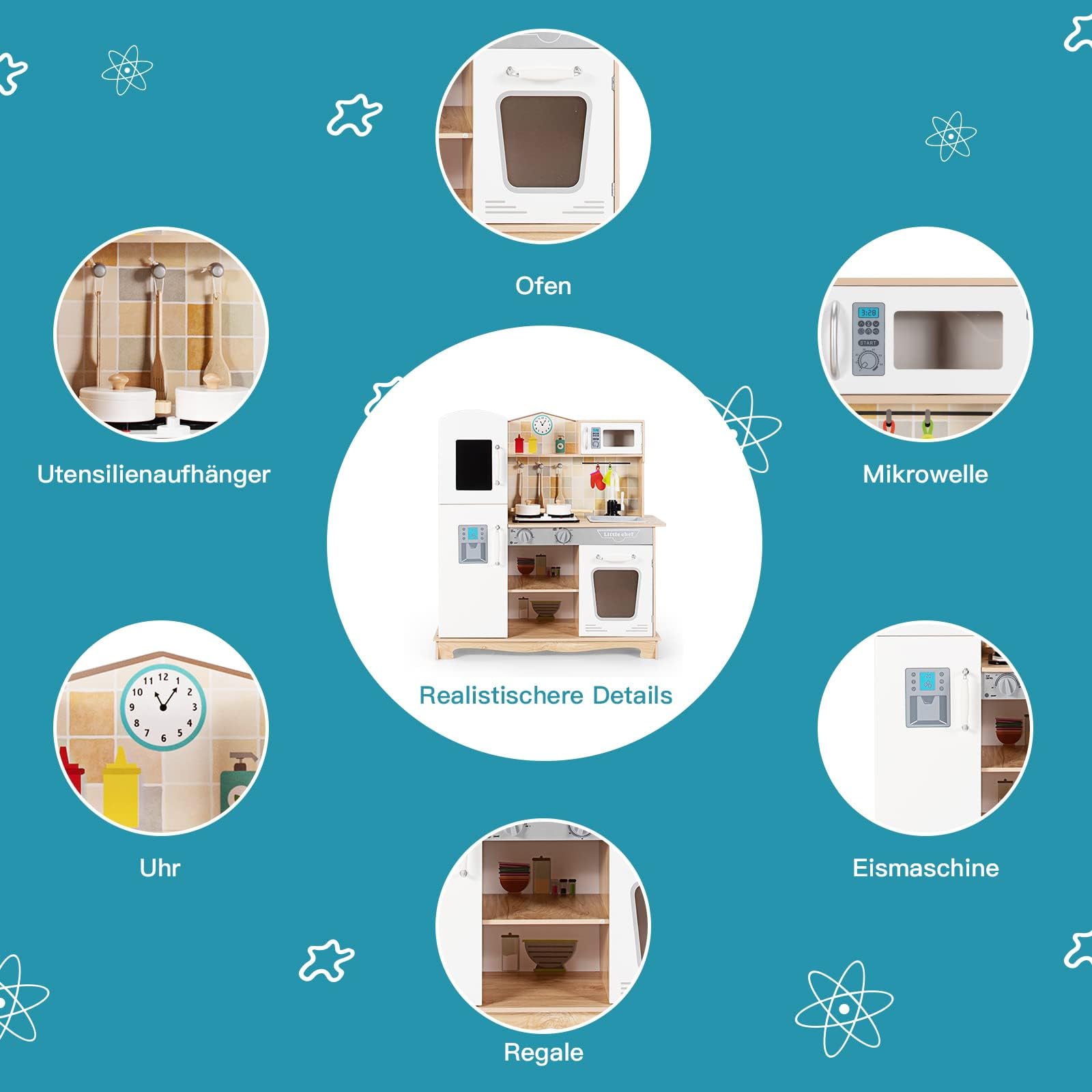 FANTASK Cocina infantil de madera para niños a partir de 3 años, cocina de juegos para niños con ganchos y estante desmontable, cocina infantil de madera con luz y sonido, 81 x 29 x 88,5 cm