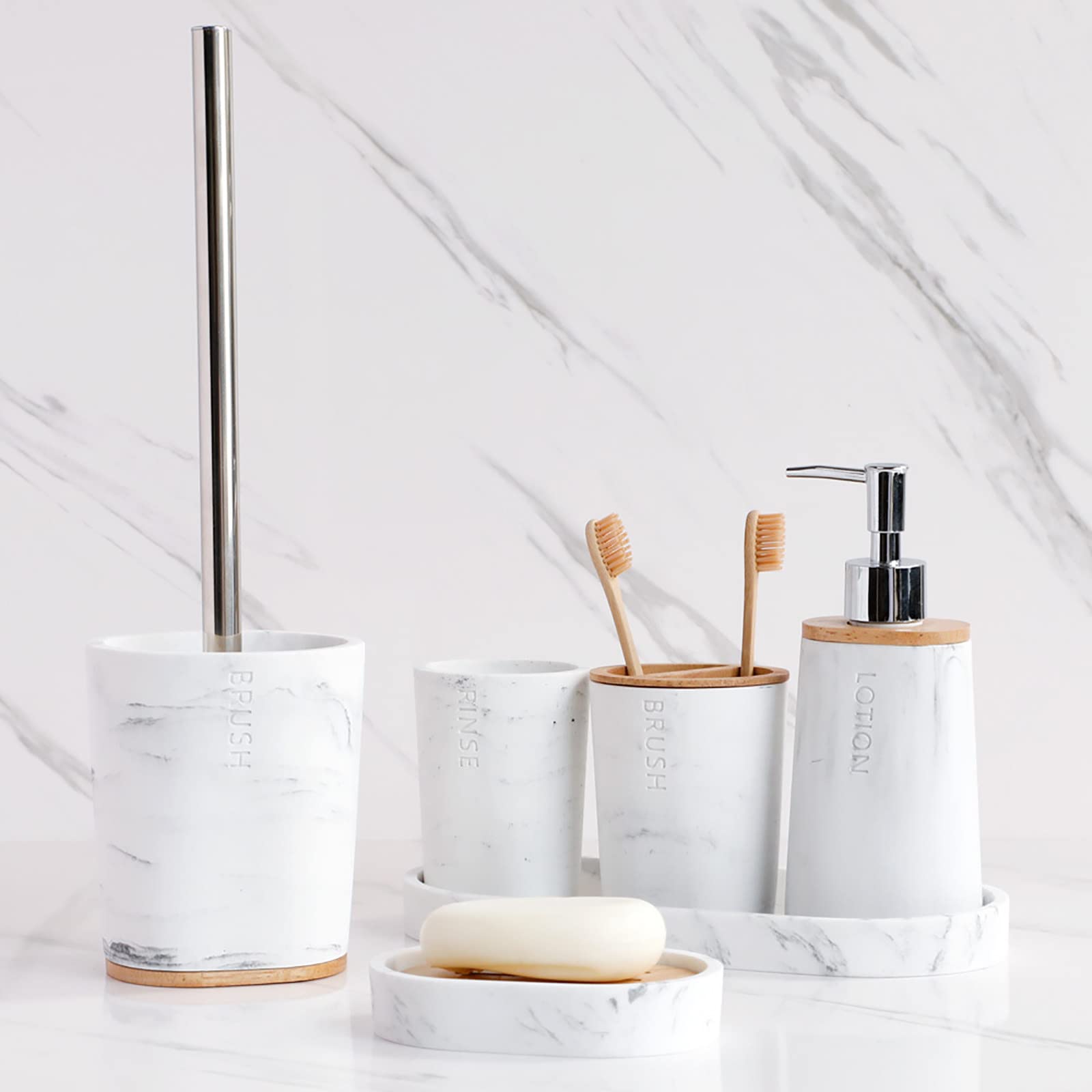 Juegos de Accesorios de baño, Simple Madera Acesorios Cuartos de Baño 5 Piezas con Escobillas de Baño Dispensador Jabon Baño Jabonera Baño Porta Cepillo de Dientes Blanco