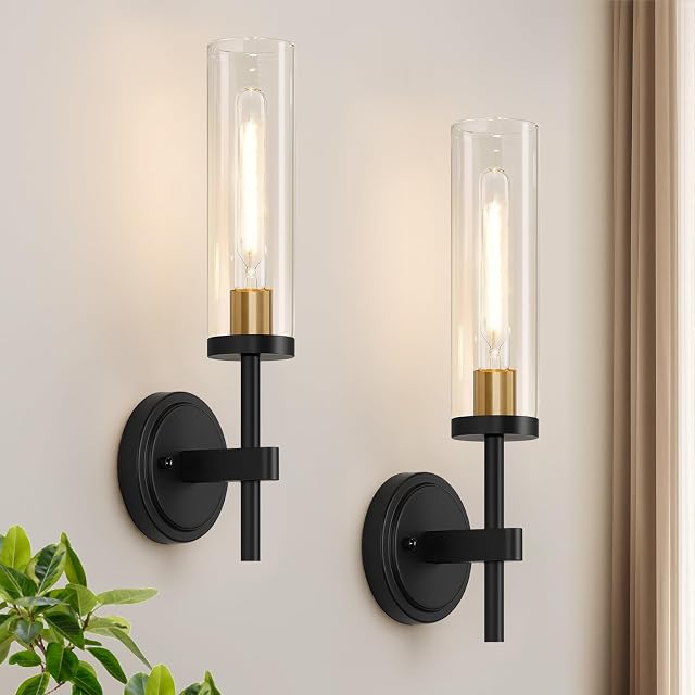 Hardwired Wall Sconces Set of Two, Black and Gold Bathroom Sconces with Clear Glass, Modern Wall Light Fixtures for Bathroom Mirror Vanity, Living Room, Bedroom, Hallway, Stairway, Cabinet, Foyer