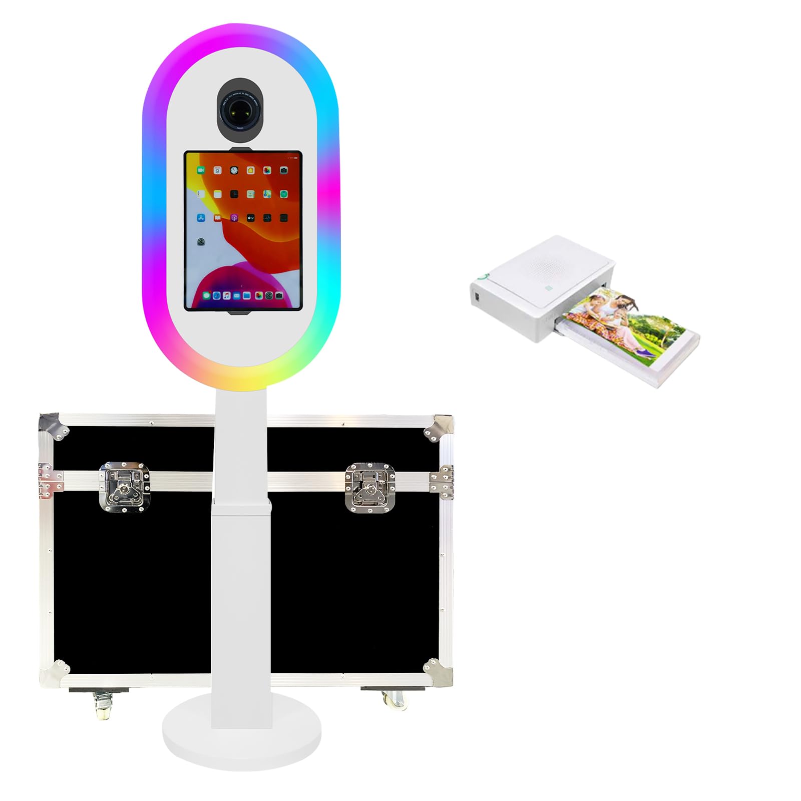 Portable Photo Booth for iPad 10.2 10.9 11 12.9 Inch Support Multiple Camera Models, 2 in 1 Stand for iPad Photo Booth with Airplane Case for Party Wedding. (White, Machine + Mini Printer)