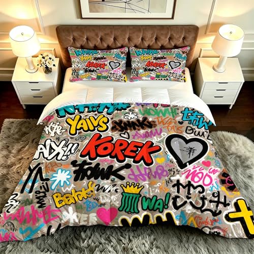 ZZXHG Nórdico Ligero | A Color Graffiti Estampados, Edredón Alternativo al Plumón, Reversible y Confortable, con 2 Fundas de Almohada, para Dormitorio Juvenil, 135x200 cm_A20336