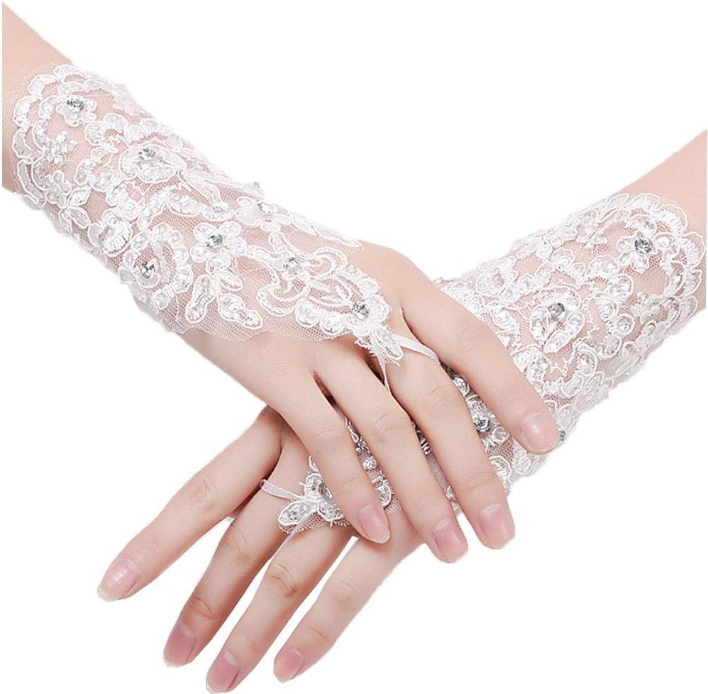 Beautydress Short Lace Fingerless Rhinestone Bridal Gloves for Wedding Party 155