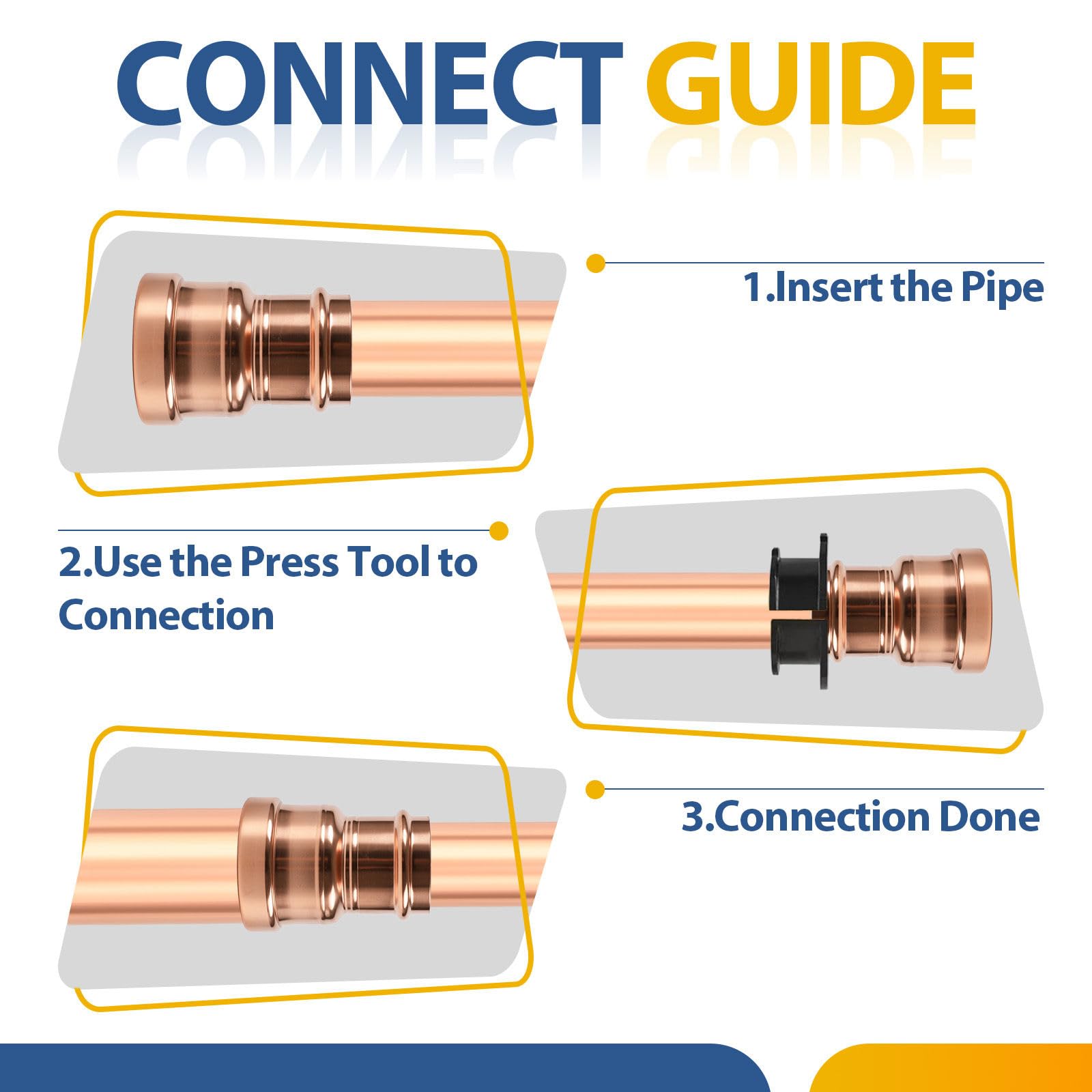 Paquete de 2 acoplamientos de presión de cobre GUOFIS sin tope, 1-1/4" x 1/2", acoplamiento de cobre para conexiones de tuberías de reparación y remodelación de plomería, diseño de flujo continuo.