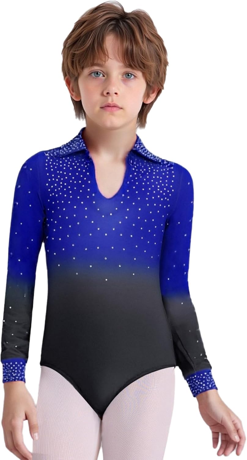 JEYPINMI Boys Figure Skating Costume Ballroom Tango Dancewear Latin Dance Bodysuit Gymnastic Leotard and Flared Pants