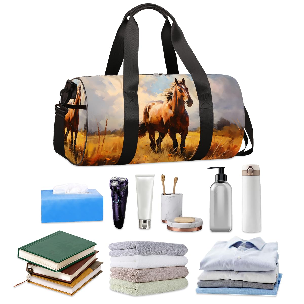 Mexpekil Seesack mit Schuhfach, wasserdicht, schöne weiße Pferde-Blume, Reiserucksack für Fitness, Fitnessstudio, Wochenendausflüge, Schöne weiße Pferdeblume