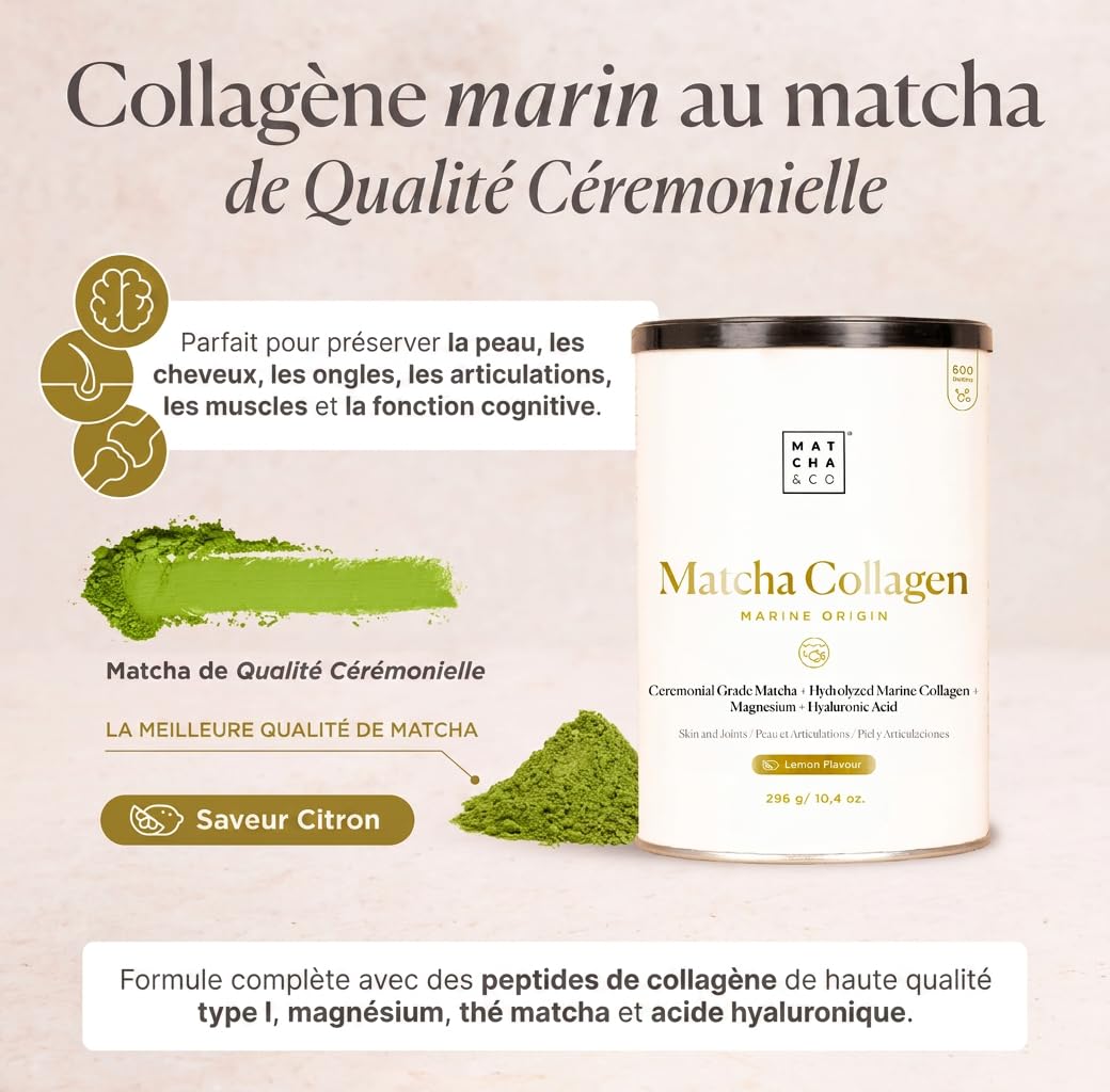Matcha Collagène Marin en Poudre avec Magnésium et Acide Hyaluronique – Saveur Matcha Citron – Pour Articulations, Peau et Ongles – 296 g