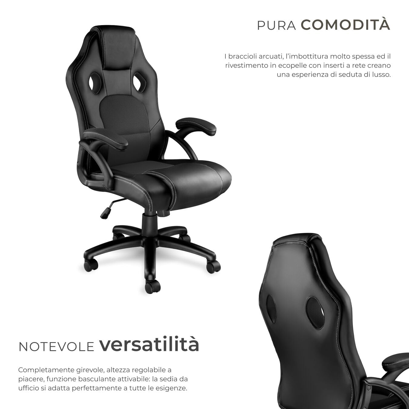 tectake® Sedia Ergonomica da Ufficio, Sedia Gaming con Ruote per Scrivania con Base Robusta e con Imbottitura Spessa, Poltrona Gaming, Adattamento Ottimale - Nero