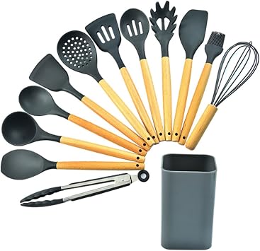 Silicone Cooking Utensils, Kitchen Utensil Set, Wooden Handle Kitchen Gadgets with Holder for Nonstick Cookware Color Blue