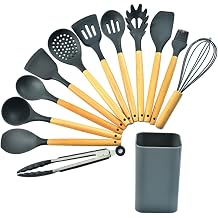 Silicone Cooking Utensils, Kitchen Utensil Set, Wooden Handle Kitchen Gadgets with Holder for Nonstick Cookware Color Gray