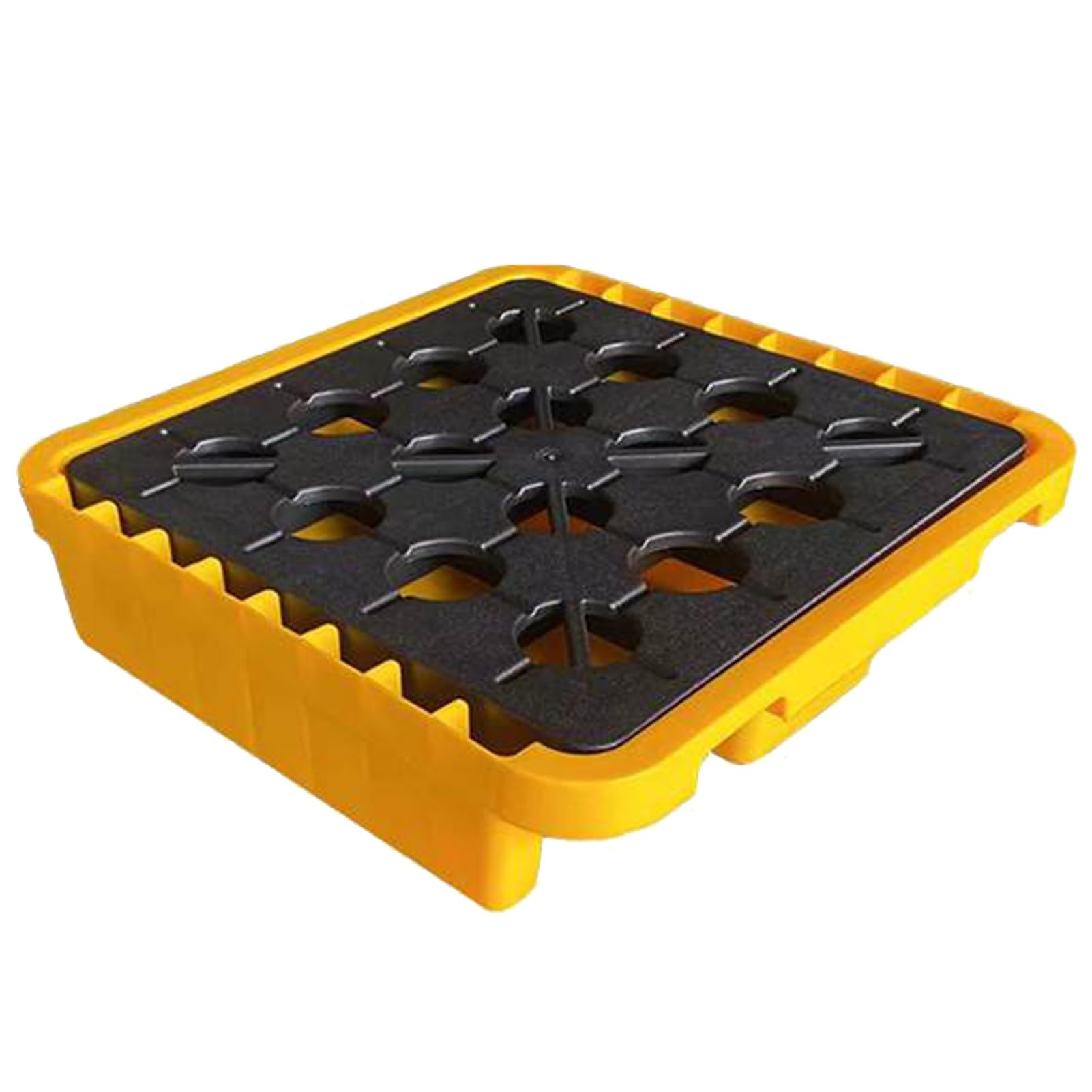 SGKOMN Oil Spill Containment Tray Leakproof Polyethylene Platform with Grating & Drain Outlet Modular Anti Slip Spill Tray for Garage & Factory Paint Bucket Storage, 26.77x26.77x6.30in/68x68x16CM