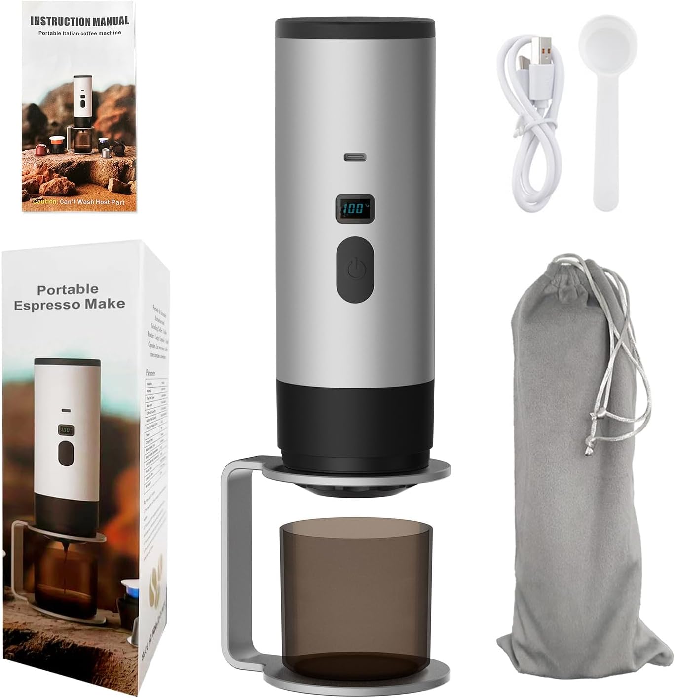 Portable Capsule Espresso Coffee Maker, Electric Pump Pressure, 90ML Tank, Battery Powered, 5 Colors (High-end Starry Grey version, with velvet bag for stand)