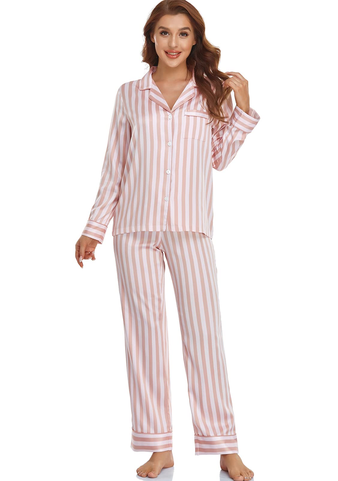 Serenedelicacy Women's Satin Pajama Set Long Sleeve Button Down Sleepwear 2-Piece Silky Pj Set