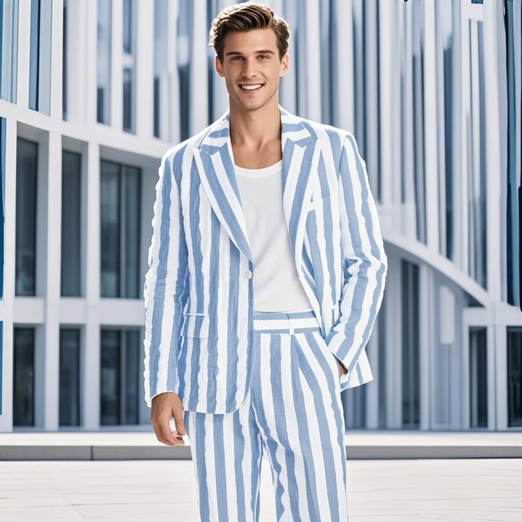Men's Tuxedos Seersucker Summer 2-Piece Big and Tall Suits Wedding Stylish Comfortable