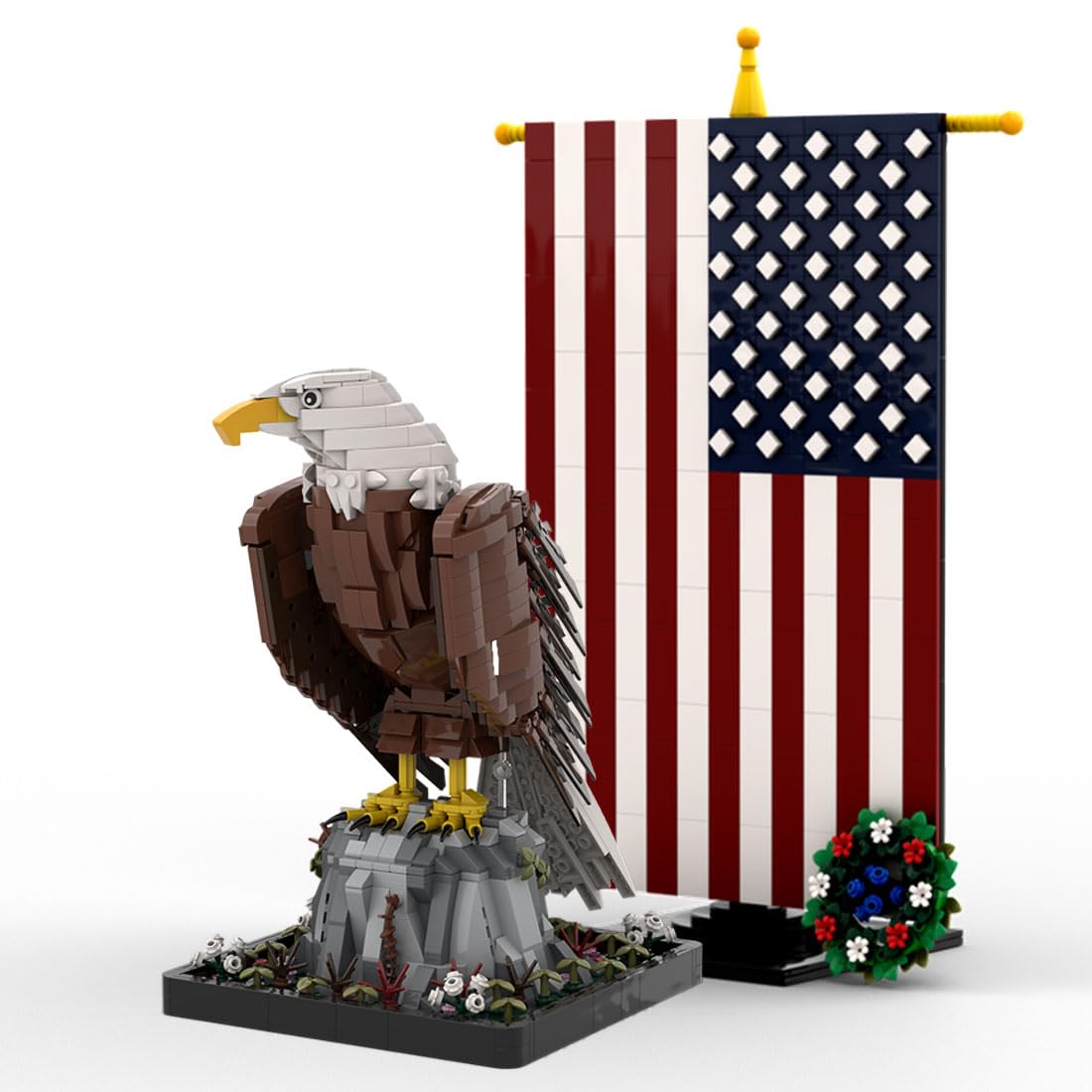 Assembled BrickCraftWorks American Bald Eagle with Flag Building Blocks Set