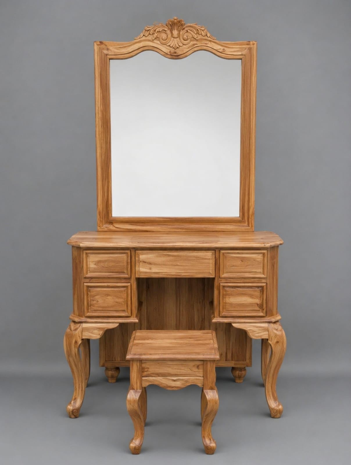 Teak Wood Vanity Dressing Table with Mirror & Stool | Dark Brown Finish | 4 Drawers & Open Shelf Storage | Dressing Table for Bedroom & Makeup Organizer (Dark Brown)-image-2
