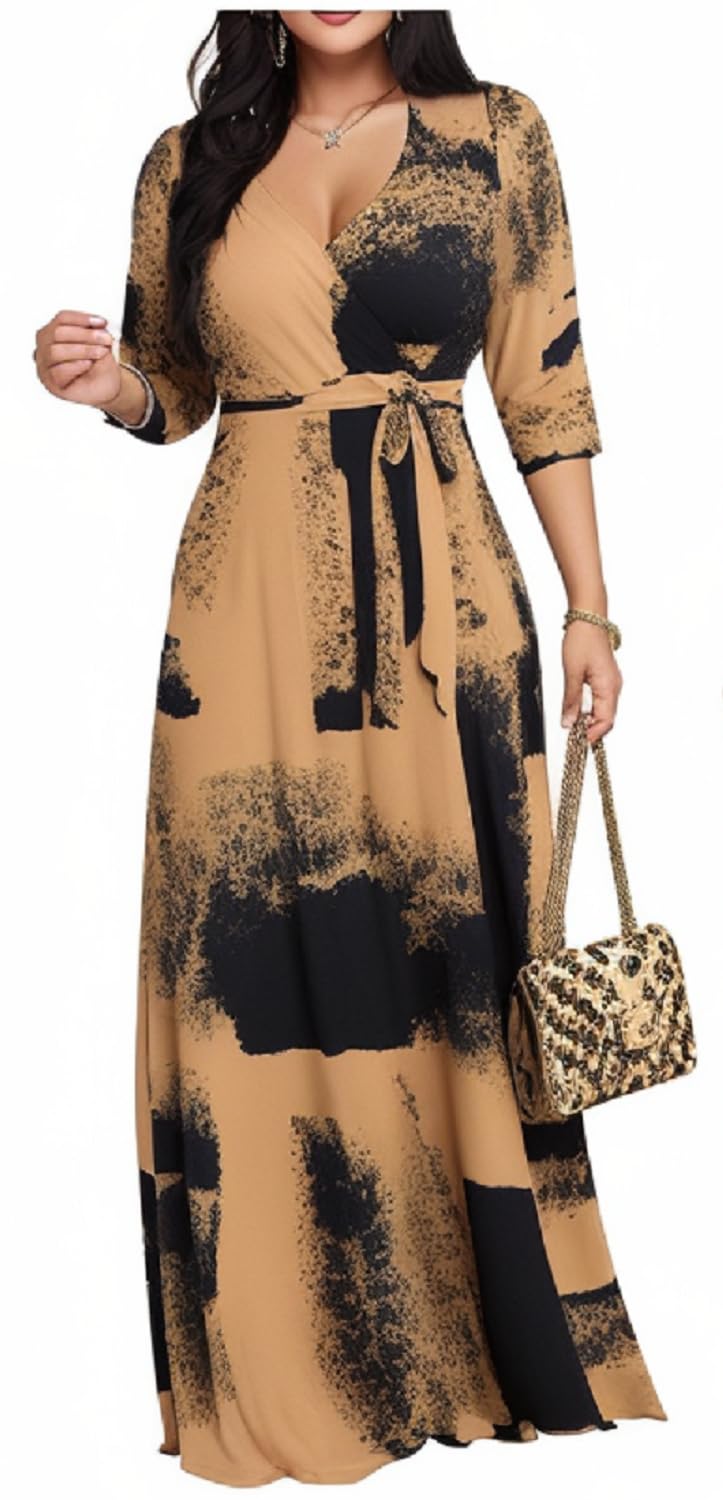 Women's Church Maxi Wrap V Neck 3/4 Sleeve Tie Waist Plus Size Long Dress